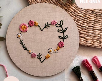 Wood Embroidery heart floral digital template for laser, Modern hand embroidery SVG file, Laser cut design, hand sewn floral design