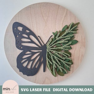 Butterfly laser cut svg pattern, laser ready digital file, butterfly and leaves spring name backer, floral pattern design, modern butterfly