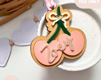 Valentine's Day Cherries Gift Tag SVG digital template, modern cherry bow tag, Valentine's Day Kids Basket Tag, Love Day Laser Cut SVG File