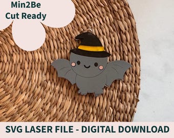 Cute Halloween Bat SVG | Laser Cut Digital File | Witch Hat Bat Ornament | Glowforge Ready File | Halloween Craft Pattern | Instant Download