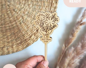 Mother’s Day SVG Plant Stake, Best Mom Ever Laser Cut File, Floral Garden Marker Digital Download, DIY Gift for Mom, Modern Laser Art