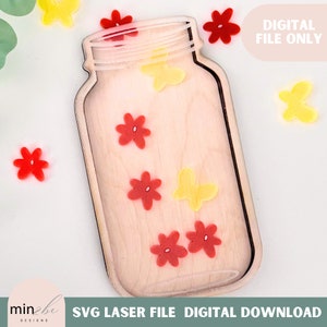 May include: A wooden mason jar with a clear glass insert, decorated with red flowers and yellow butterflies. The text "DIGITAL FILE ONLY" is in the top right corner of the image.
