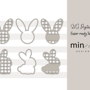 May include: SVG digital file, laser ready template for cutting out bunny shapes. The design features a checkered pattern and a solid outline.  The file is perfect for creating Easter decorations, party favors, or personalized gifts.