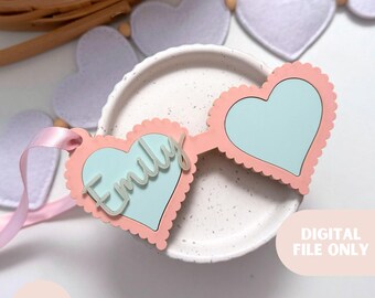 Valentines Day Heart Glasses Gift Tag SVG digital template, Scalloped Heart tag, Valentines Day Kids Basket Tag, Love Day Laser Cut SVG File