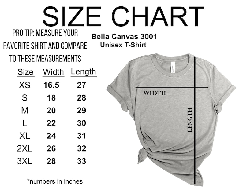 May include: Size chart for a Bella Canvas 3001 unisex t-shirt. The chart shows the width and length measurements in inches for sizes XS to 3XL.