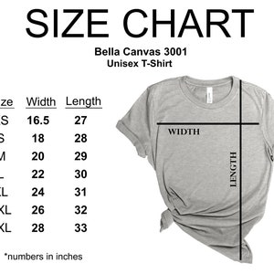 May include: Size chart for a Bella Canvas 3001 unisex t-shirt. The chart shows the width and length in inches for sizes XS to 3XL.