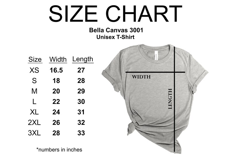 May include: Size chart for a Bella Canvas 3001 unisex t-shirt. The chart shows the width and length in inches for sizes XS to 3XL.