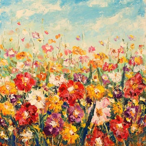 May include: A colorful oil painting of a field of wildflowers in shades of red, pink, yellow, white, and purple. The flowers are painted in a loose, impressionistic style, with visible brushstrokes.