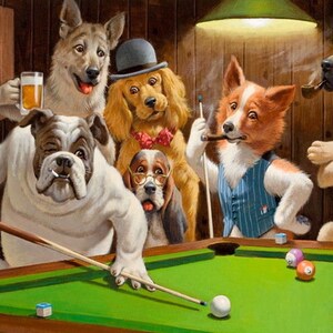 May include: A group of dogs playing pool. A bulldog with a cigar in its mouth is taking a shot. A golden retriever with a bow tie is watching the game. A basset hound is looking on. A German Shepherd with a pipe in its mouth is standing behind the table. A brown and white dog with a blue waistcoat is holding a cue stick.