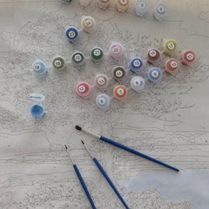 May include: A paint by numbers kit with 24 small paint pots, numbered 1 through 24. The paint pots are arranged in a semi-circle shape. Three paint brushes are also included.