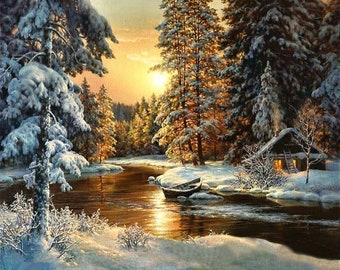 ROLLED Paint By Numbers - Winter Cabin - 40x50cm DIY painting kit - Same day dispatch