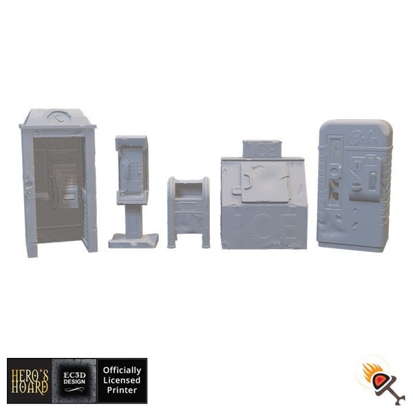 Convenience Store Props for Post-Apocalyptic Terrain 20mm 28mm 32mm, Miniature Phone Booth, Pay Phone, Ice Machine, Cola Machine, Postal Box