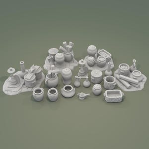 Miniature Market Bazaar Items for D&D Terrain, Vases, Lamps, Baskets, and Pottery 28mm 32mm