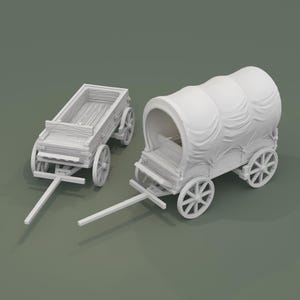 May include: Two miniature covered wagons, one with a canvas top and the other open. Both are light gray, with wooden details and spoked wheels. The wagons have long, straight tow bars and sit on a muted green background.