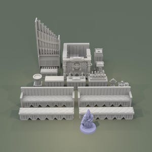 May include: A collection of miniature, light gray church-themed models. The set includes a pipe organ, pews, a pulpit, and other architectural elements. A small figure stands on a circular base in the foreground. The models are designed for tabletop gaming or display.