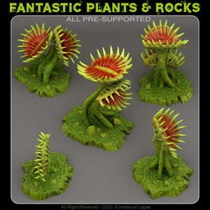 May include: A collection of 3D-printed Venus flytrap models. The plants have red and yellow-green leaves and are set on green, textured bases. The text "FANTASTIC PLANTS & ROCKS" and "ALL PRE-SUPPORTED" is at the top.