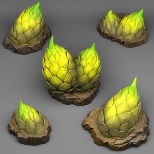 May include: Five stylized artichoke sculptures with yellow and green hues, set on brown, textured bases. The artichokes have a detailed, layered design, with a pointed green tip. The arrangement includes single and double artichoke formations.