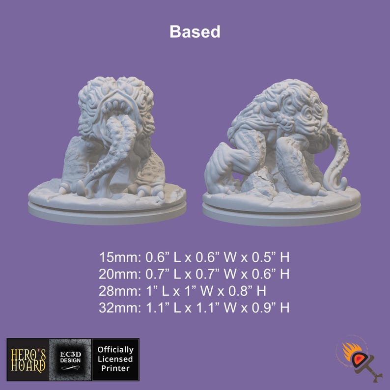 K&ouml;nnte beinhalten: Zwei wei&szlig;e, detaillierte Monster-Miniaturen, eine mit offenem Mund und Tentakeln, die andere in einer hockenden Pose. Der Text "Based" steht oben. Die Ma&szlig;e sind in Zoll angegeben und reichen von 0,6" bis 1,1" L&auml;nge.