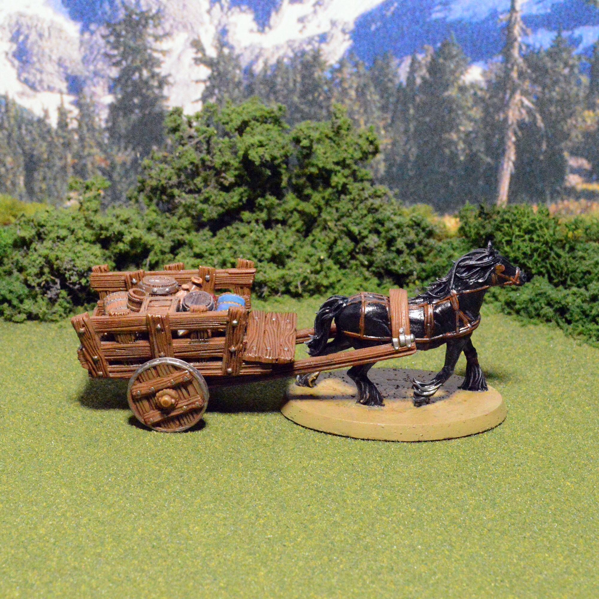 Harnessed Horse, Wagon and Cargo 28mm for D&D Terrain, DnD Pathfinder