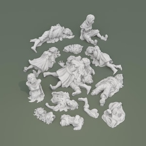 May include: A collection of white, miniature figurines depicting figures in various poses, including lying down and sitting. The figurines appear to be of children and adults, with detailed clothing and facial features. The background is a solid, muted green.