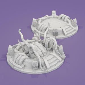 May include: Two white, detailed sculptures of a creature with tentacles and a central mass, set within a circular, tiered structure. The structures have a stone-like appearance, with a purple background.