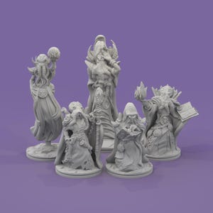 May include: A collection of five unpainted miniature fantasy figures. The figures include a tentacled creature, a robed figure with a staff, and several robed figures holding books or orbs. The figures are on a purple background.