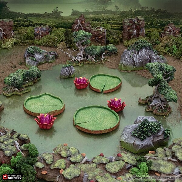 Miniature Swamp Scatter 15mm 28mm 32mm for DnD Terrain, Lily Pads Lotuses Bushes and Rocks for D&D Pathfinder Swamps, Gloaming Swamps