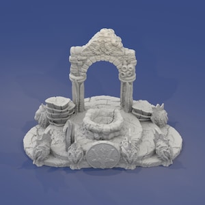 May include: A detailed, gray miniature fantasy well with an arched doorway, pillars, and a circular well opening. The base features decorative elements, including dragon heads and textured rock formations, creating a detailed, miniature fantasy scene.