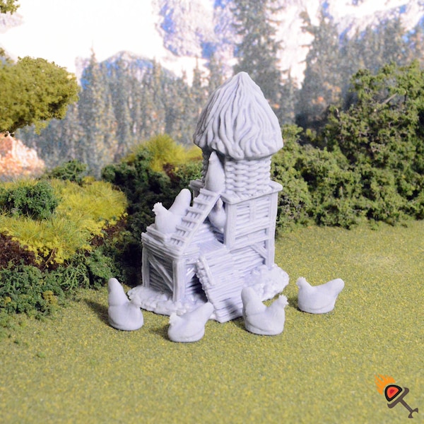 Miniature Chicken Coop with Hens 15mm 28mm 32mm for D&D Terrain, Medieval Hens Tower for DnD Pathfinder Wargame, Diorama, Hagglethorn Hollow