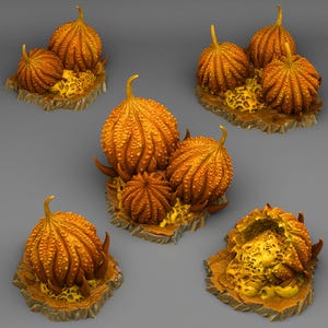 May include: A collection of orange, textured, pumpkin-like sculptures. Each sculpture has a unique shape and is set on a rocky, textured base with yellow accents. The pumpkins have a bumpy surface and a stem.