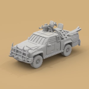May include: A light gray, post-apocalyptic style pickup truck with a mounted machine gun, roll cage, and spiked front bumper. The truck has a weathered appearance, with visible damage and modifications, suggesting a rugged, battle-ready vehicle.