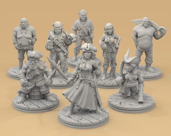 Pirate Miniatures for D&D, Human Half-Orc Dwarf Gnome Sailors Bundle 15mm-32mm
