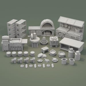 3D Printed Kitchen Furniture and Food for D&D, TTRPG 28mm 32mm