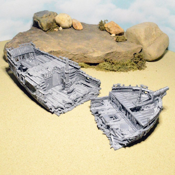 Miniature Shipwreck 15mm 20mm 28mm 32mm for D&D Terrain, DnD Pathfinder Wrecked Ship, Pirate Coastal Ruined Ship, Blood and Plunder