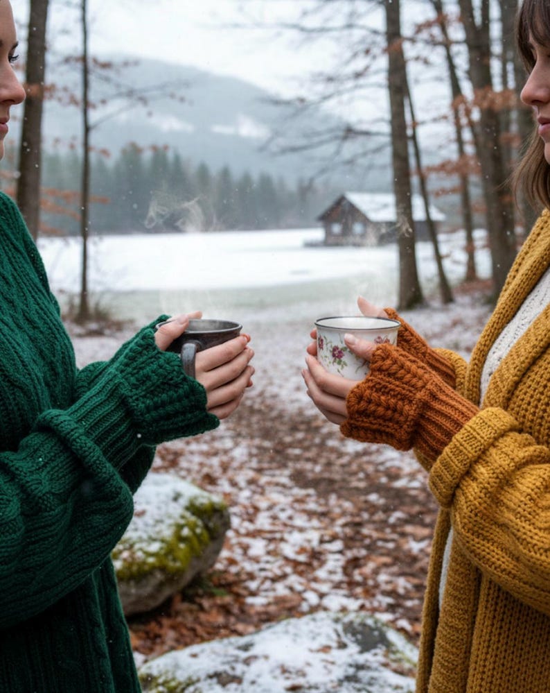 May include: Two people holding mugs of hot beverages in a snowy forest. One person wears a green sweater and the other a yellow cardigan with orange fingerless gloves. The mugs have steam rising from them.