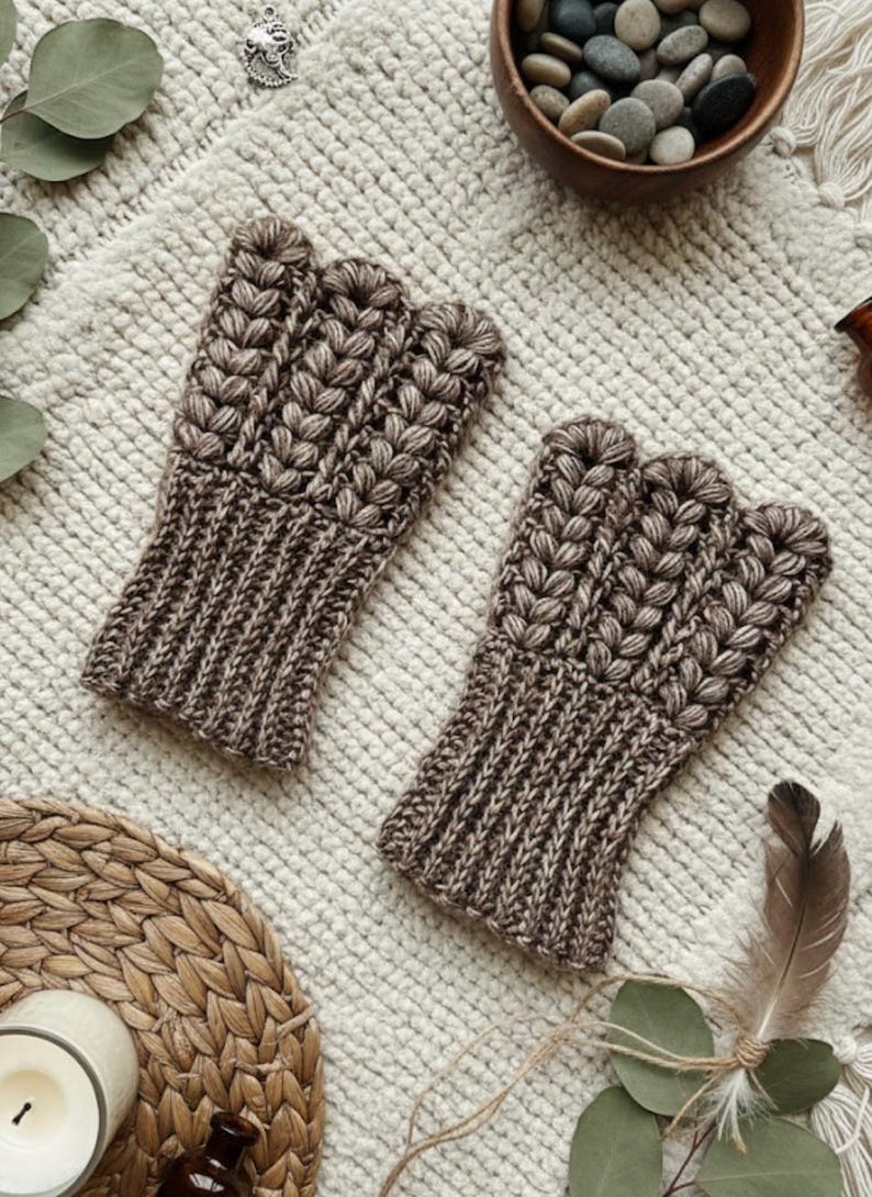 May include: A pair of brown fingerless gloves with a textured, braided design. The gloves are made of a soft, knitted material and are displayed on a cream-colored, textured surface. The gloves are designed to keep hands warm while leaving fingers free.