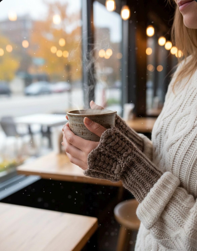 May include: A warm, cozy scene featuring a steaming ceramic mug held by a person wearing a cream-colored cable-knit sweater and brown knitted arm warmers. The background shows a window with a blurred outdoor view, suggesting a cafe setting.