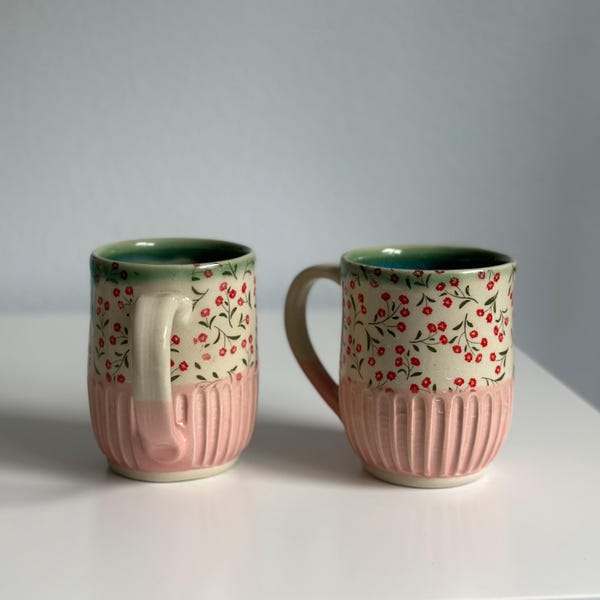 Pretty Pink Floral Mug | Hand-made Pottery Mug | 12 oz.