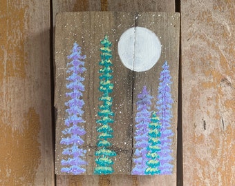 Moonlit Snow Wood Painting | Handmade Original Nature Art, Miniature Tree Painting, Tiny Art, Rustic Tree Art, Nature Lover Painting