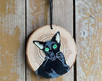 Oriental Shorthair Blep Wood Slice Painting | Original Tiny Handmade Art, Hanging Wall Art, Miniature Cottagecore Wood Decor