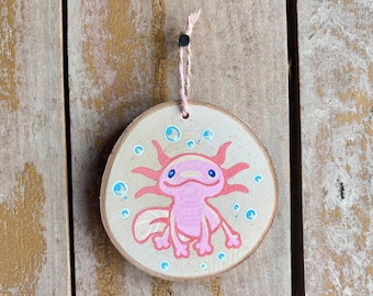Happy Axolotl Painted Wood Slice Ornament