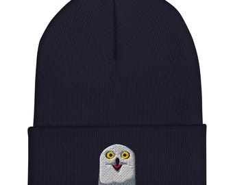 Funny Owl Embroidered Cuffed Beanie | Cute Funny Snowy Owl Hat, Bird Lover Beanie, Embroidery Embroidered Hat, Shocked Surprised Owl Meme