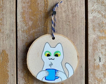 Tea Kitty Wood Slice Painting | Original Tiny Handmade Art, Hanging Wall Art, Miniature Cottagecore Wood Decor, White Cat Art