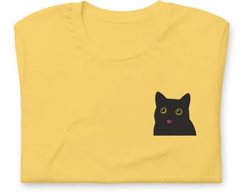 Black Cat Embroidered Unisex T-Shirt | Cute Funny Embroidered Tee Shirt, Black Cat Lover Halloween Shirt, Aesthetic Meme Accessory Gift