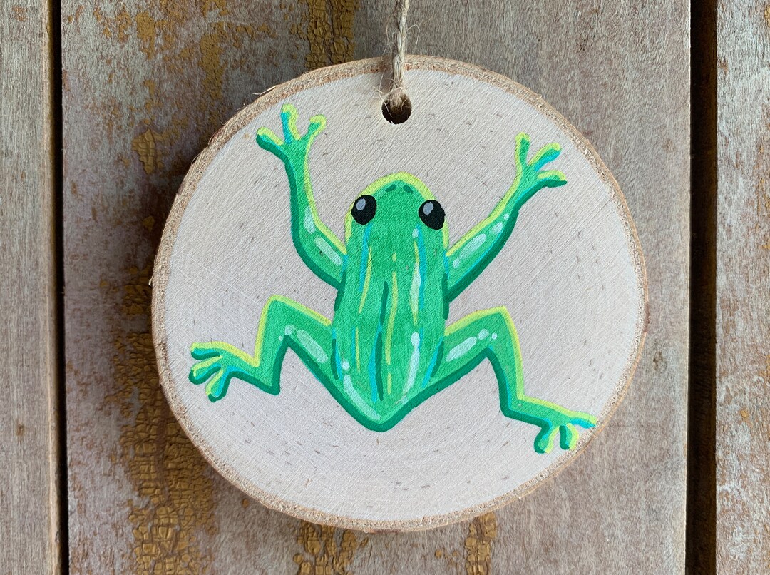 Tree Frog Wood Slice Painting Original Tiny Handmade Art, Hanging Wall