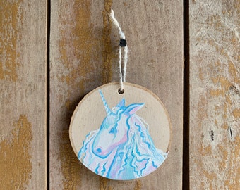 Curly Unicorn Wood Slice Painting | Original Tiny Handmade Art, Hanging Wall Art, Miniature Cottagecore Wood Decor, Unicorn Art