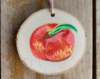 Peach. Acrylic Wood Painting, Original Tiny Handmade Art, Hanging Wall Art, Miniature Cottagecore Wood Decor, Fruit Art