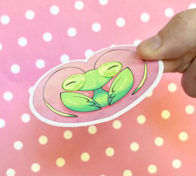 May include: A pink heart-shaped sticker with a green praying mantis inside. The mantis is curled up in a sleeping position with its eyes closed.