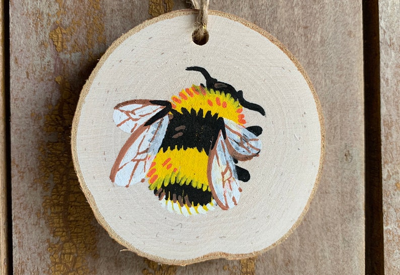 Bumblebee Wood Slice Painting Original Tiny Handmade Bee Art, Hanging Rustic Ornament, Wall Art, Miniature Cottagecore Bee Decor image 2