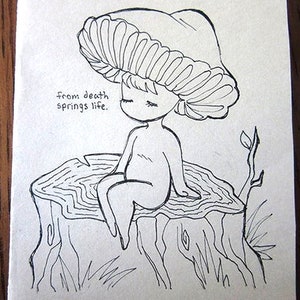 cartão ilustrado criança do cogumelo | Ilustração única, desenho de cogumelo fofo, ilustração caprichosa de cogumelo, cartão com tinta Cottagecore imagem 2